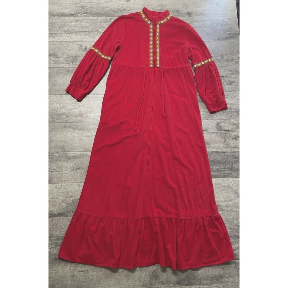 Vintage 60s Lounge Craft Nightgown Womens Medium Red Housecoat Zip Pocket Long